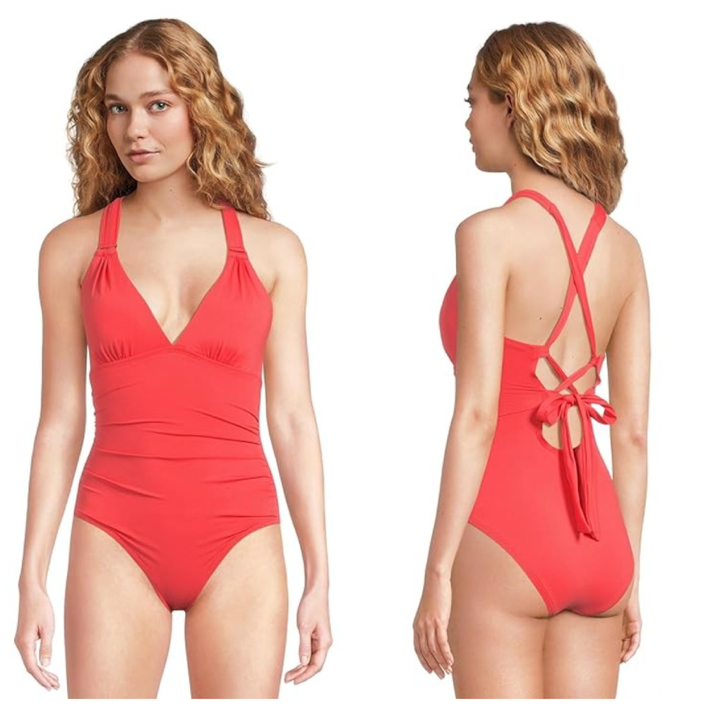 TOMMY BAHAMA Novelty Pearl One Piece Swimsuit Size 14 Pink Coral V neck NWT